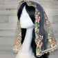 White Mesh Lace Chapel Veil/Mantilla with Embroidered Pink Roses (Large D-Shaped)