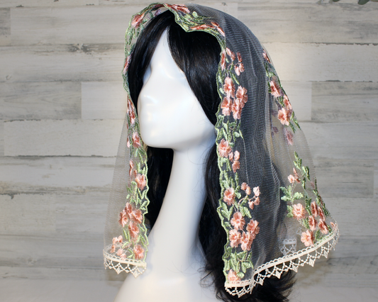 White Mesh Lace Chapel Veil/Mantilla with Embroidered Pink Roses (Large D-Shaped)