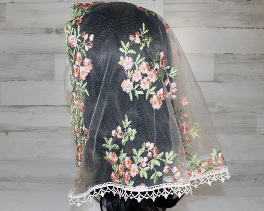 White Mesh Lace Chapel Veil/Mantilla with Embroidered Pink Roses (Large D-Shaped)
