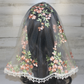 White Mesh Lace Chapel Veil/Mantilla with Embroidered Pink Roses (Large D-Shaped)