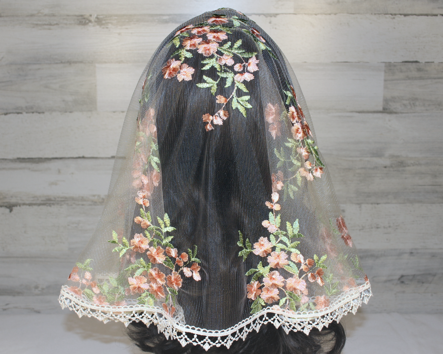 White Mesh Lace Chapel Veil/Mantilla with Embroidered Pink Roses (Large D-Shaped)