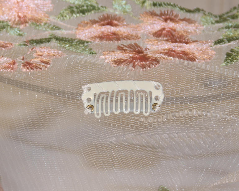 White Chapel Veil/Mantilla with Embroidered Pink Roses (Small D-Shaped)