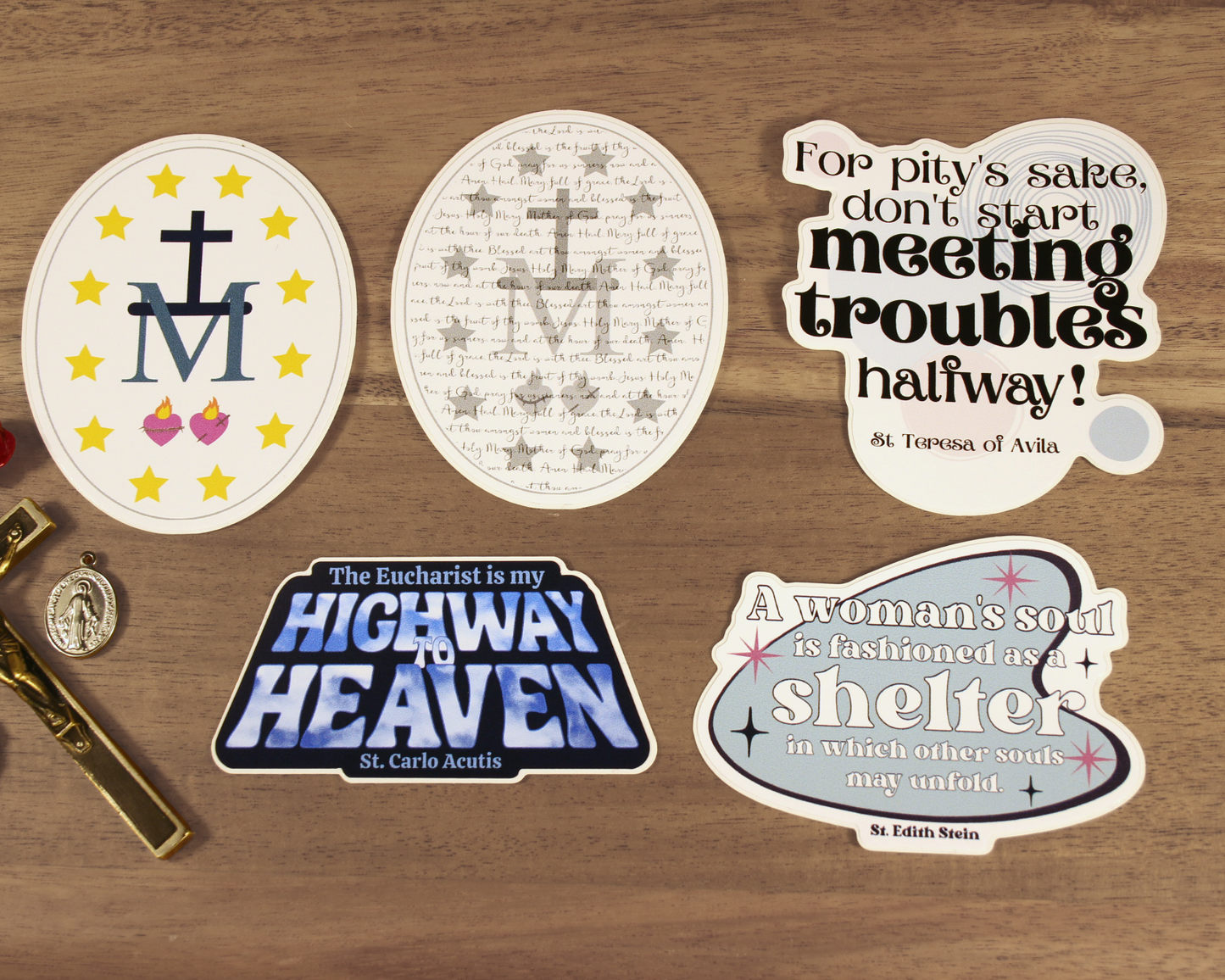 Catholic Sticker Bundle - Miraculous Medal, Saint Edith Stein, Saint Carlos Acutis, Saint Theresa of Avila