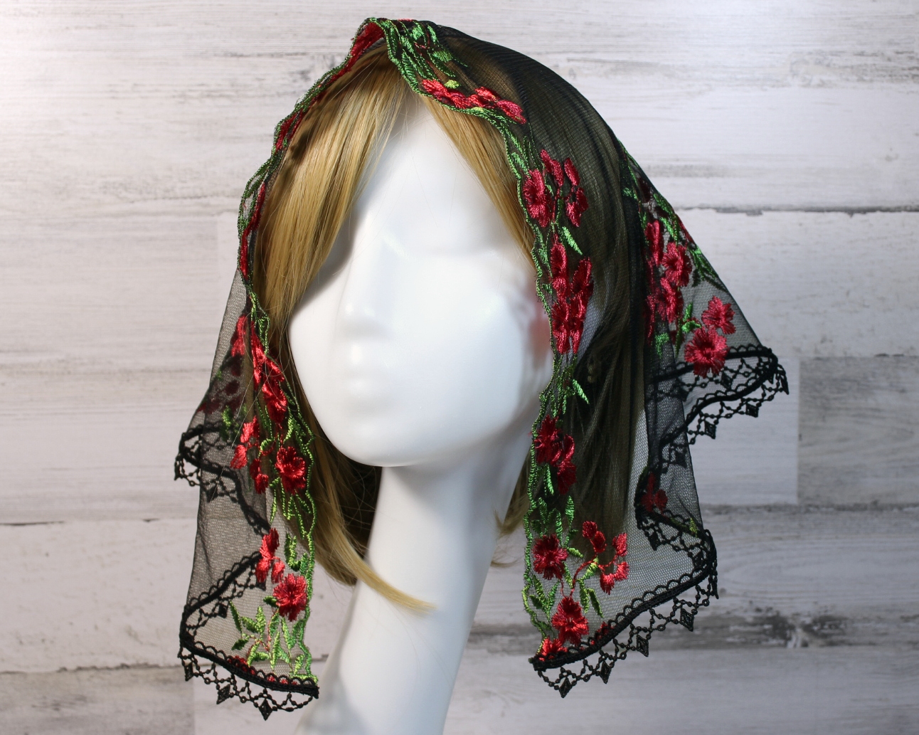 Black Mesh Lace Small D-Shaped Chapel Veil/Mantilla with Embroidered Red Roses