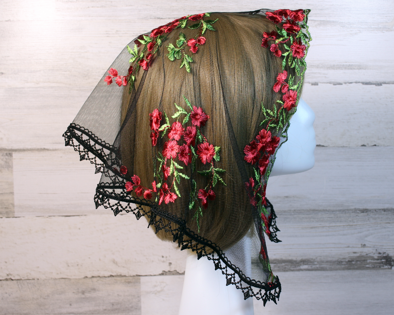 Black Mesh Lace Small D-Shaped Chapel Veil/Mantilla with Embroidered Red Roses