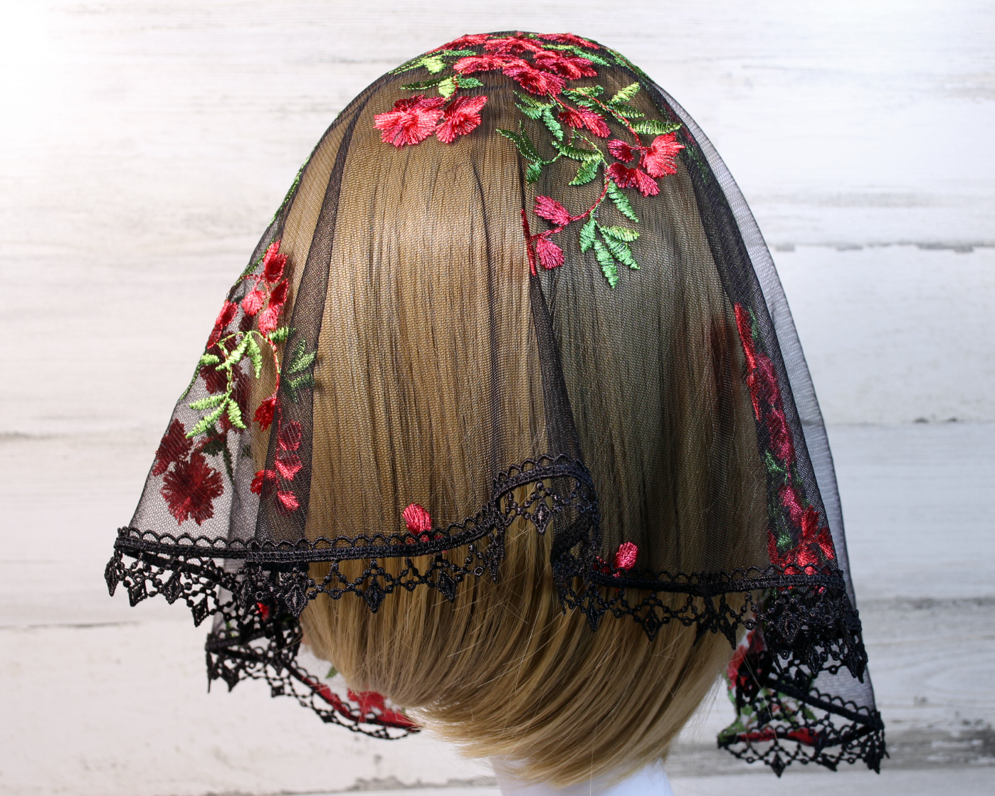 Black Mesh Lace Small D-Shaped Chapel Veil/Mantilla with Embroidered Red Roses