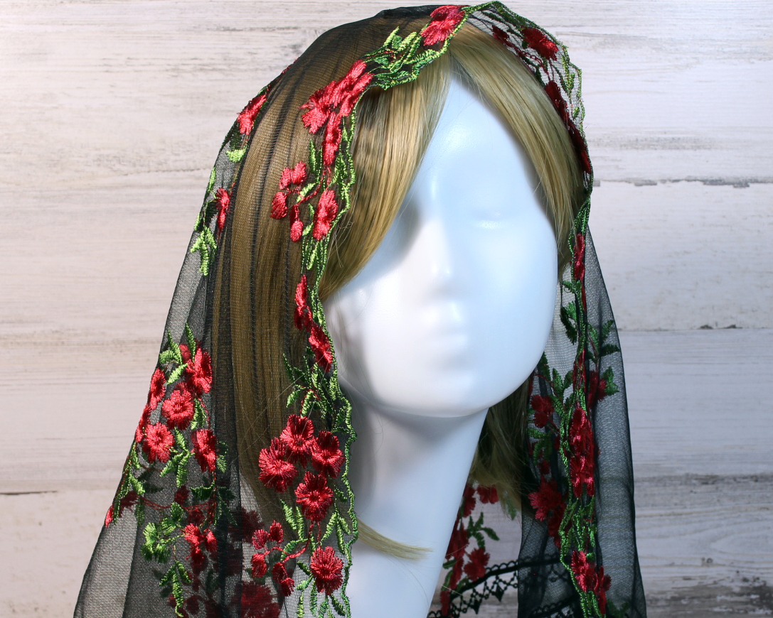 Black Mesh Lace Large D-Shaped Chapel Veil/Mantilla with Embroidered Red Roses