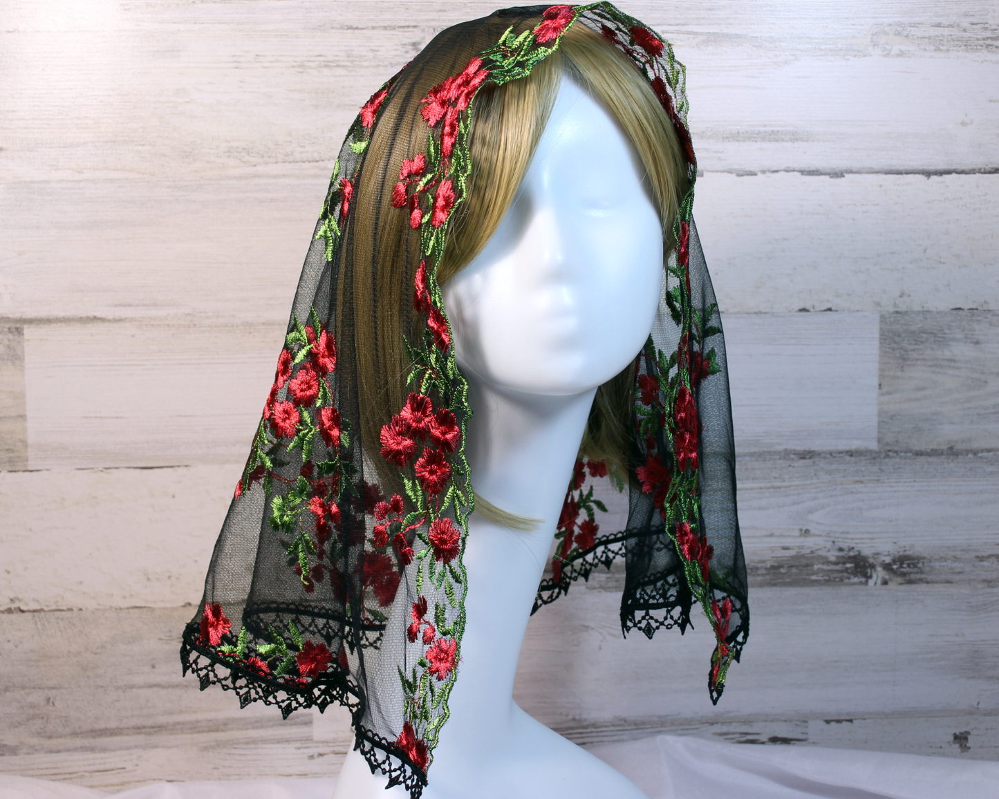 Black Mesh Lace Large D-Shaped Chapel Veil/Mantilla with Embroidered Red Roses