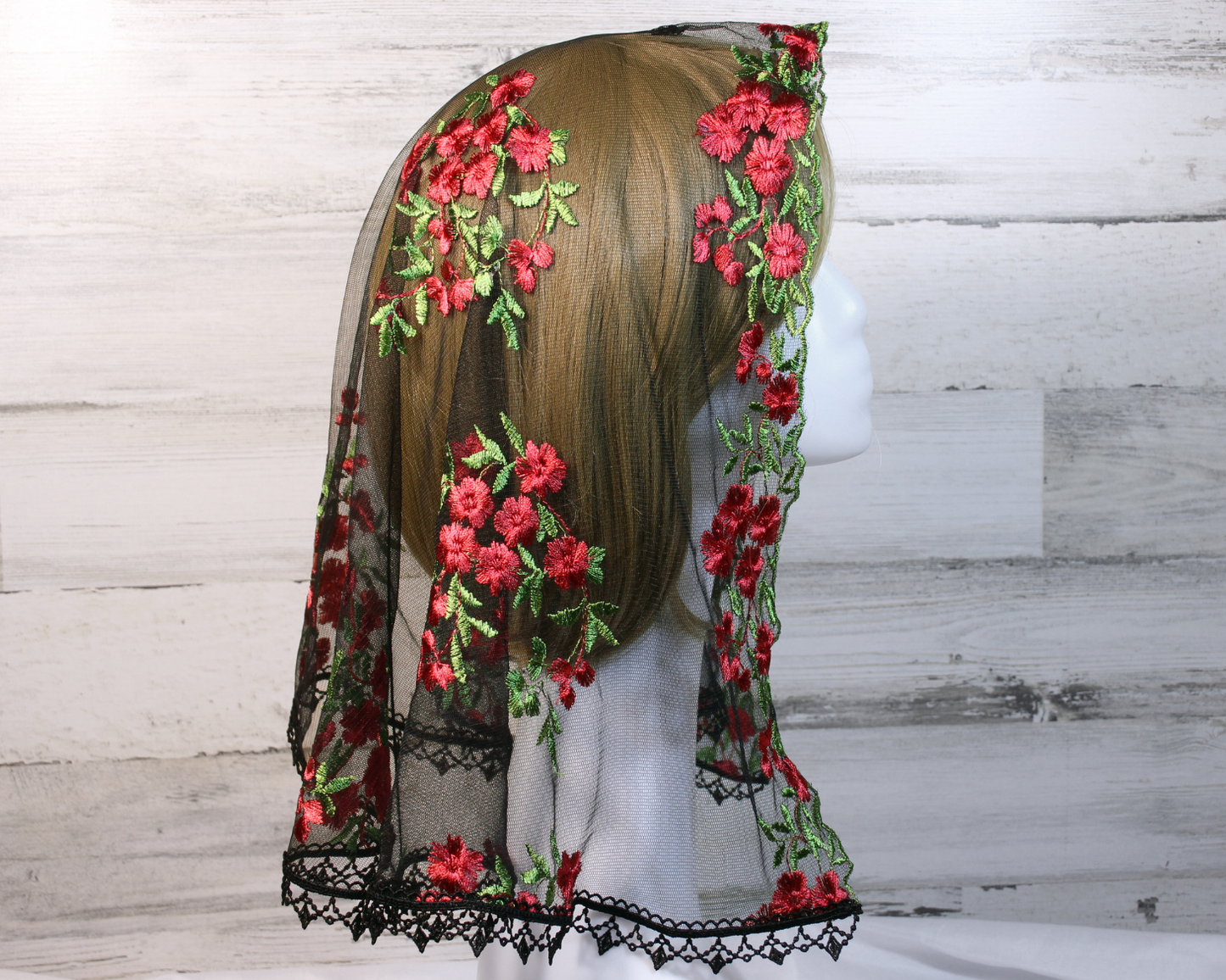 Black Mesh Lace Large D-Shaped Chapel Veil/Mantilla with Embroidered Red Roses