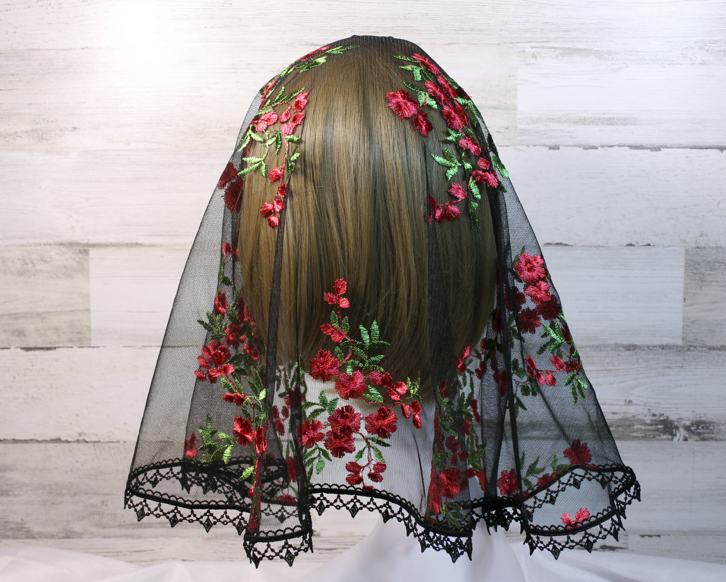 Black Mesh Lace Large D-Shaped Chapel Veil/Mantilla with Embroidered Red Roses