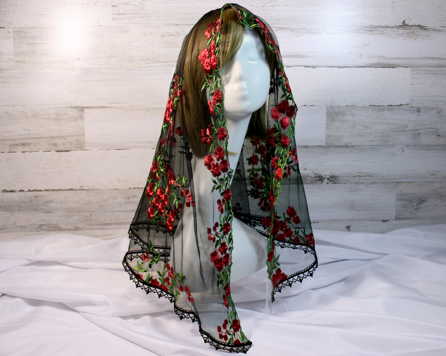 Black Mesh Lace Long Length Chapel Veil/Mantilla with Embroidered Red Roses