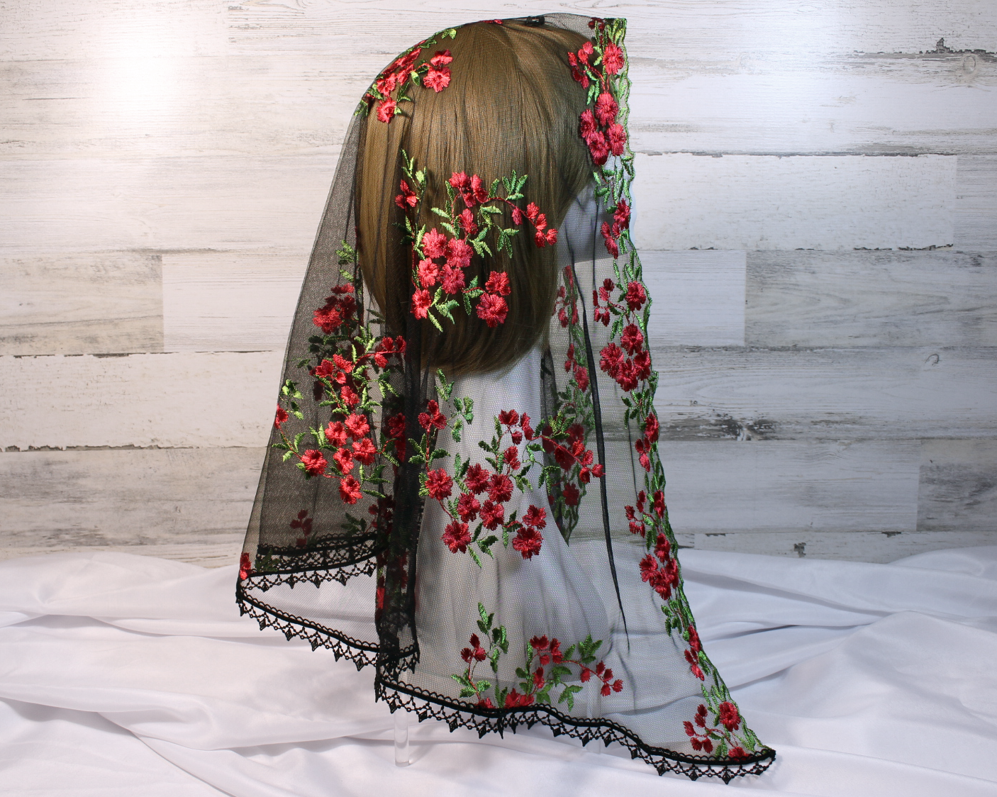 Black Mesh Lace Long Length Chapel Veil/Mantilla with Embroidered Red Roses