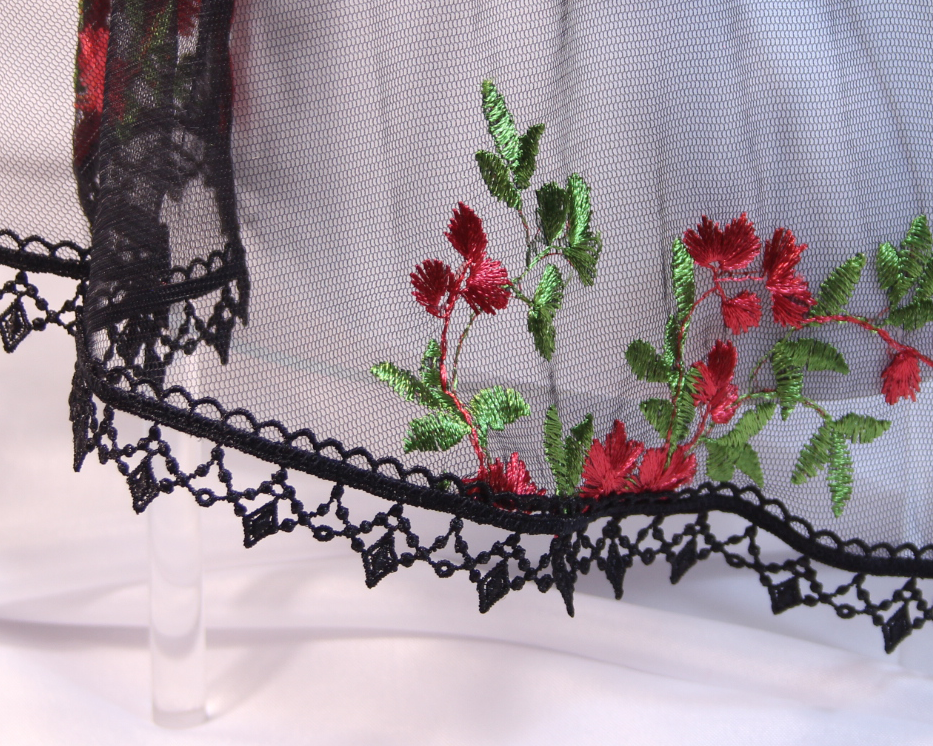 Black Mesh Lace Long Length Chapel Veil/Mantilla with Embroidered Red Roses