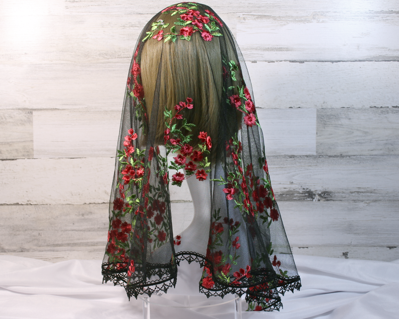 Black Mesh Lace Long Length Chapel Veil/Mantilla with Embroidered Red Roses