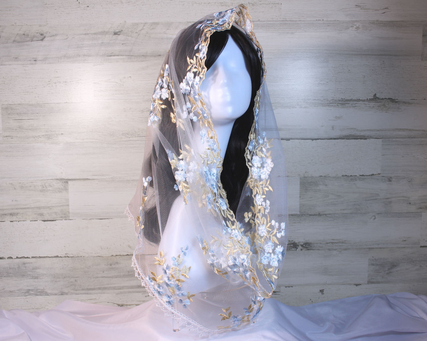 White Infinity Chapel Veil/Mantilla with Embroidered Blue and Gold Roses