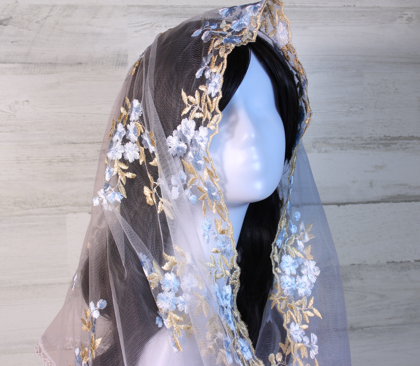 White Infinity Chapel Veil/Mantilla with Embroidered Blue and Gold Roses