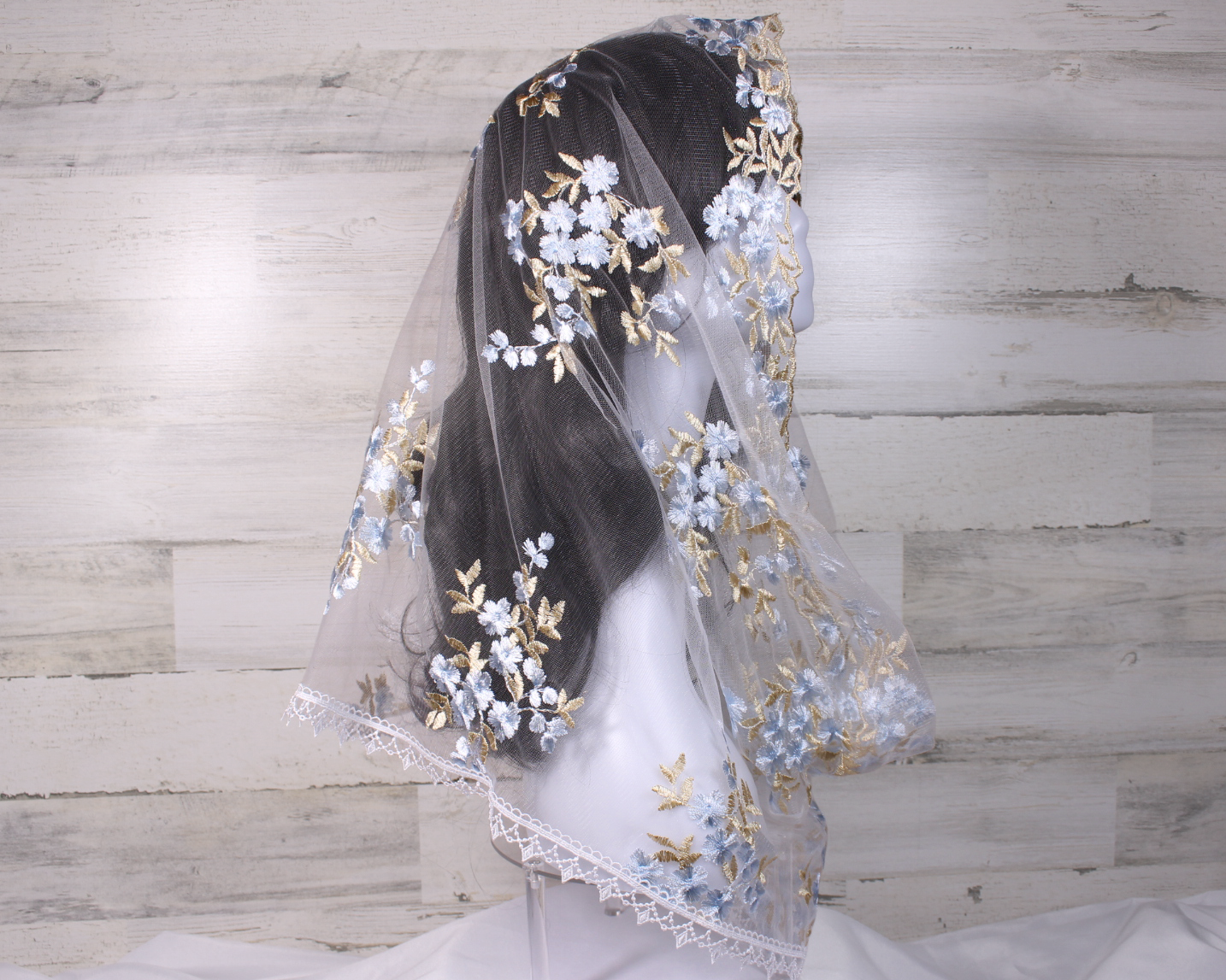 White Infinity Chapel Veil/Mantilla with Embroidered Blue and Gold Roses