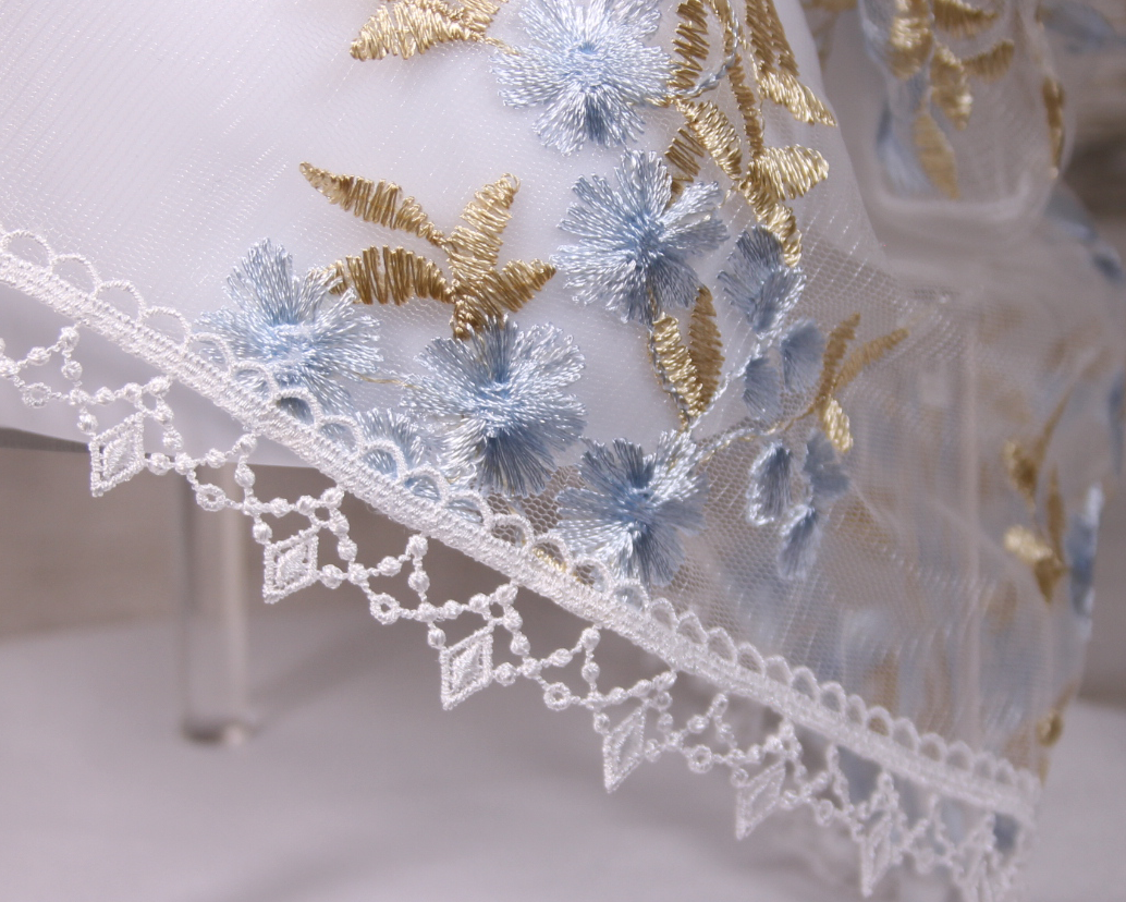 White Infinity Chapel Veil/Mantilla with Embroidered Blue and Gold Roses