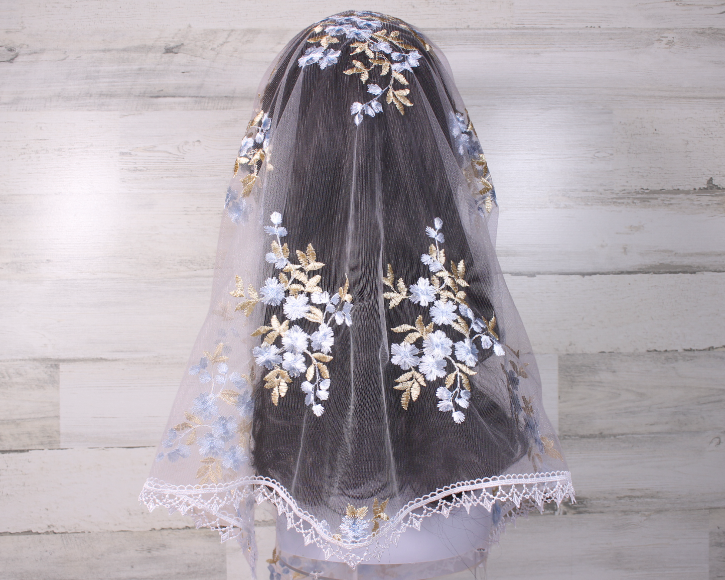 White Infinity Chapel Veil/Mantilla with Embroidered Blue and Gold Roses