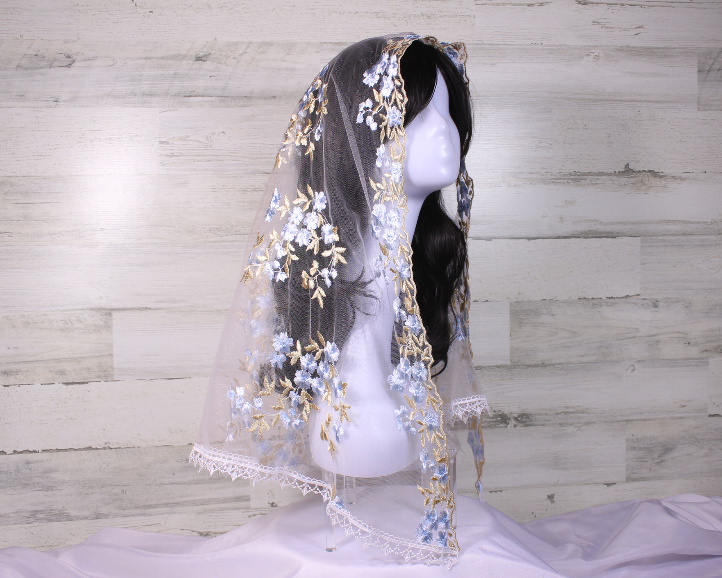White Long Length Chapel Veil/Mantilla with Embroidered Blue and Gold Roses