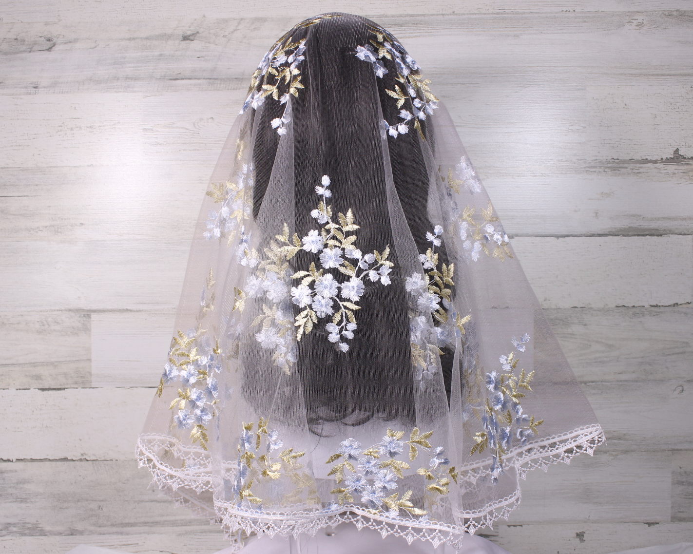 White Long Length Chapel Veil/Mantilla with Embroidered Blue and Gold Roses
