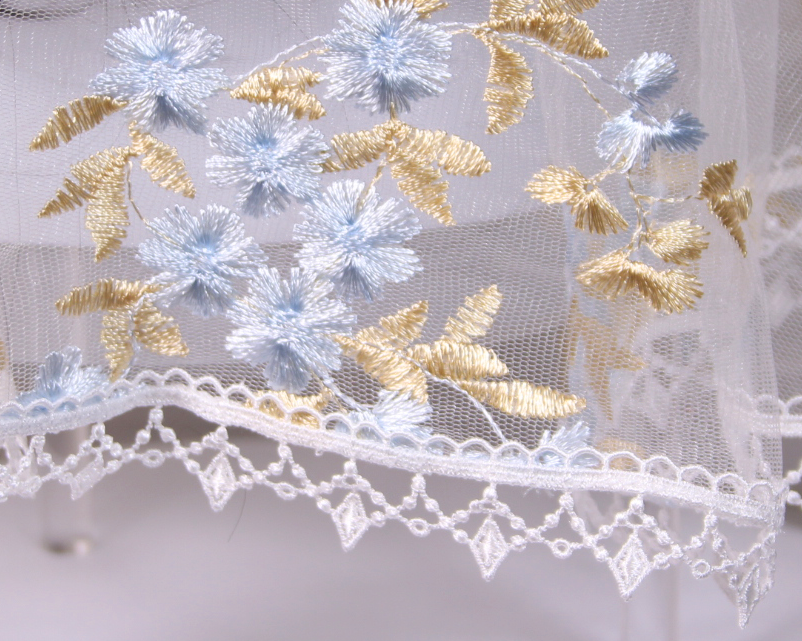 White Long Length Chapel Veil/Mantilla with Embroidered Blue and Gold Roses