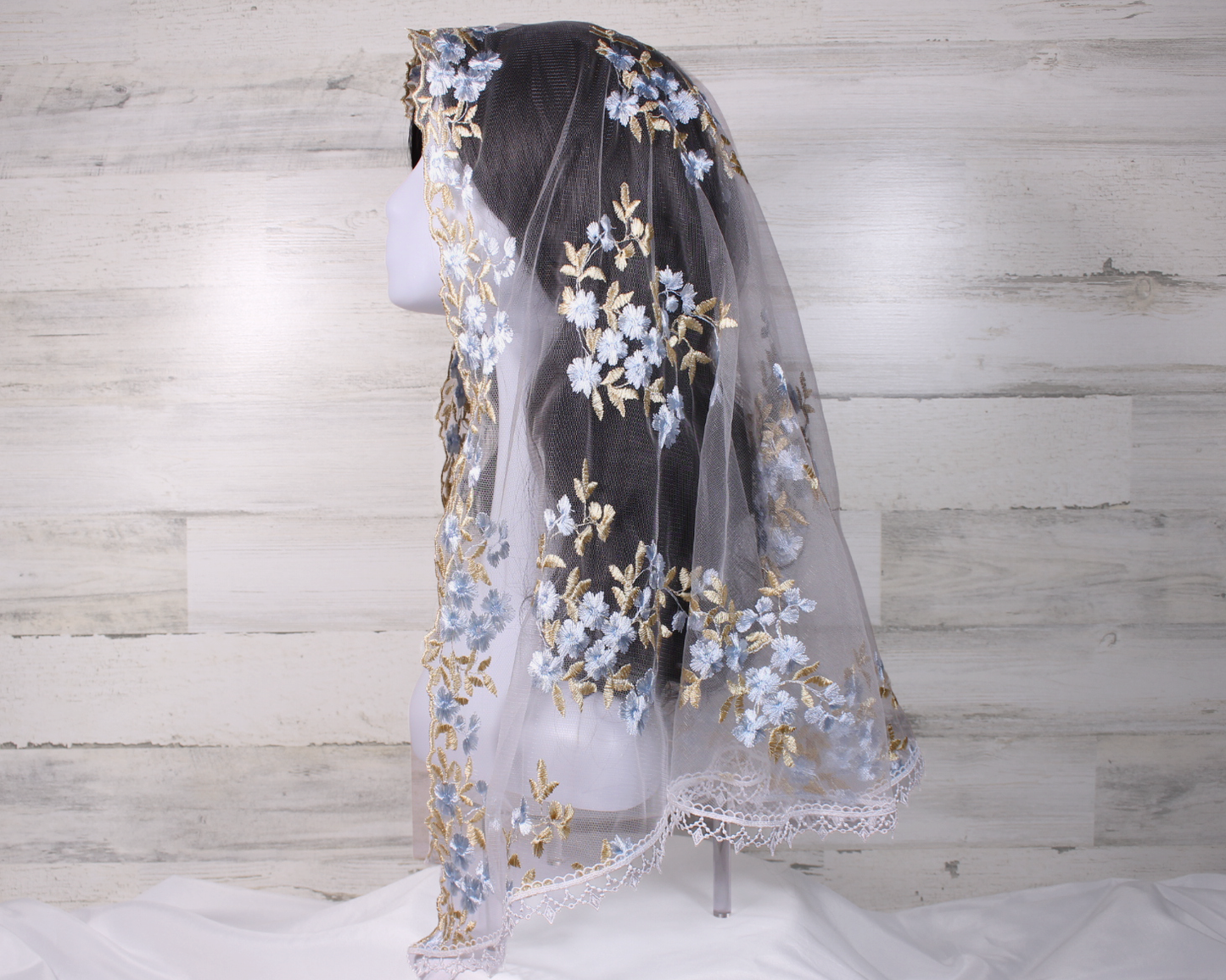 White Long Length Chapel Veil/Mantilla with Embroidered Blue and Gold Roses