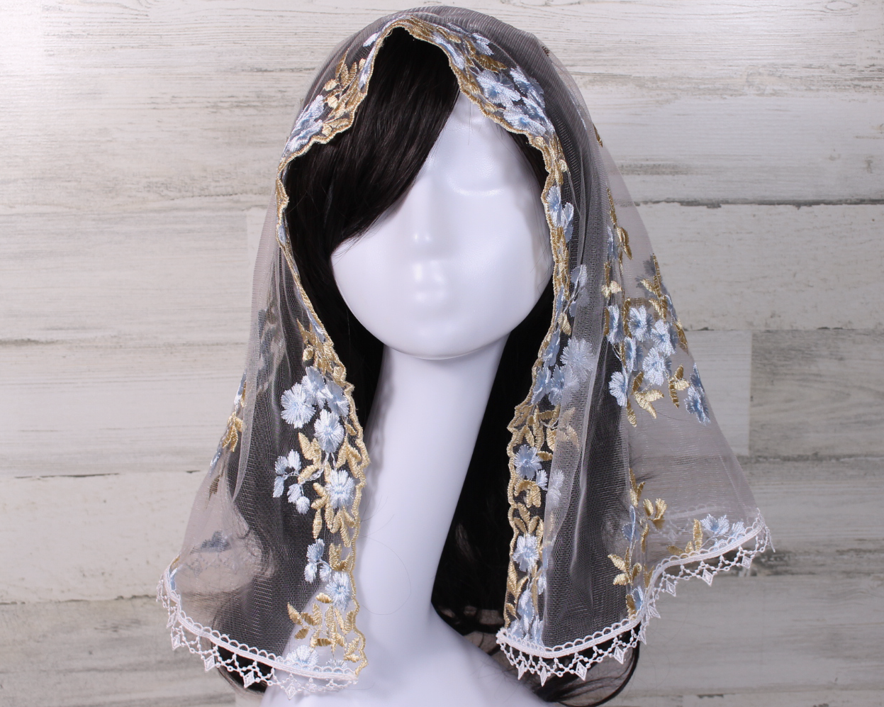 White Large D-Shaped Chapel Veil/Mantilla with Embroidered Blue and Gold Roses