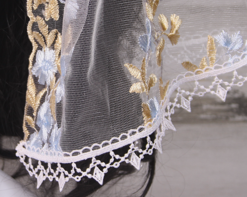 White Large D-Shaped Chapel Veil/Mantilla with Embroidered Blue and Gold Roses