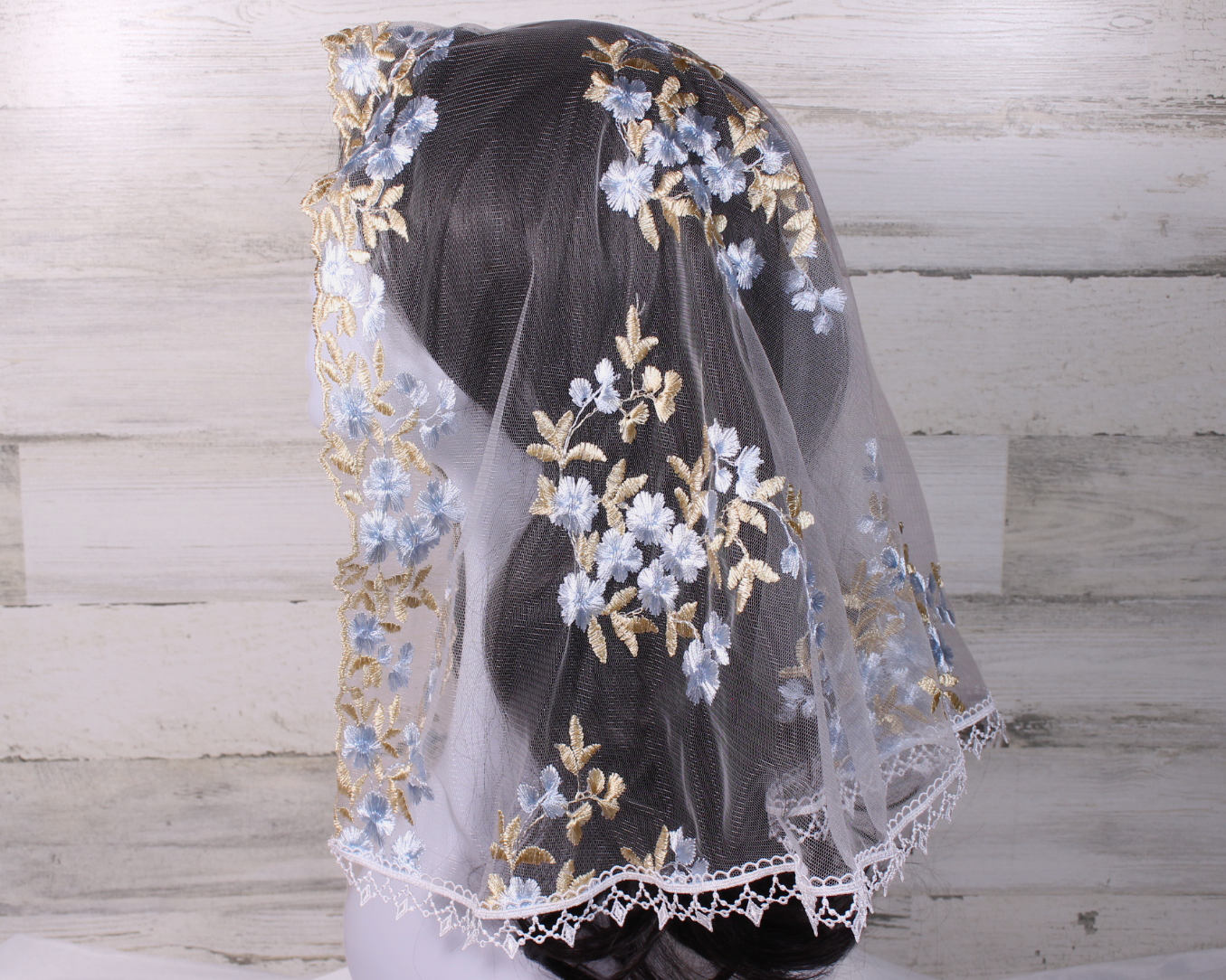 White Large D-Shaped Chapel Veil/Mantilla with Embroidered Blue and Gold Roses