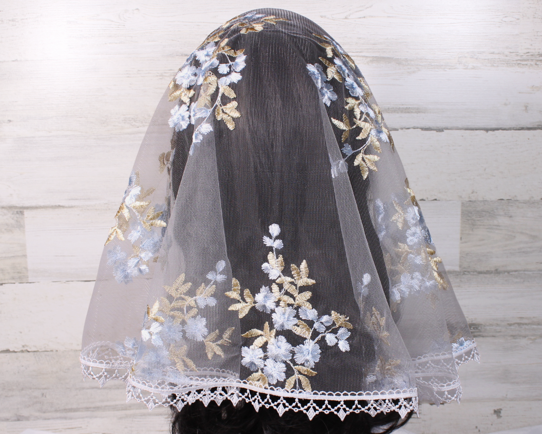 White Large D-Shaped Chapel Veil/Mantilla with Embroidered Blue and Gold Roses