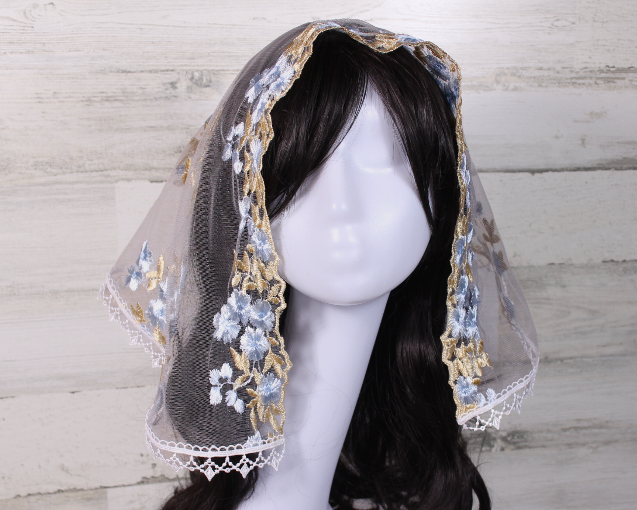 White Small D-Shaped Chapel Veil/Mantilla with Embroidered Blue and Gold Roses
