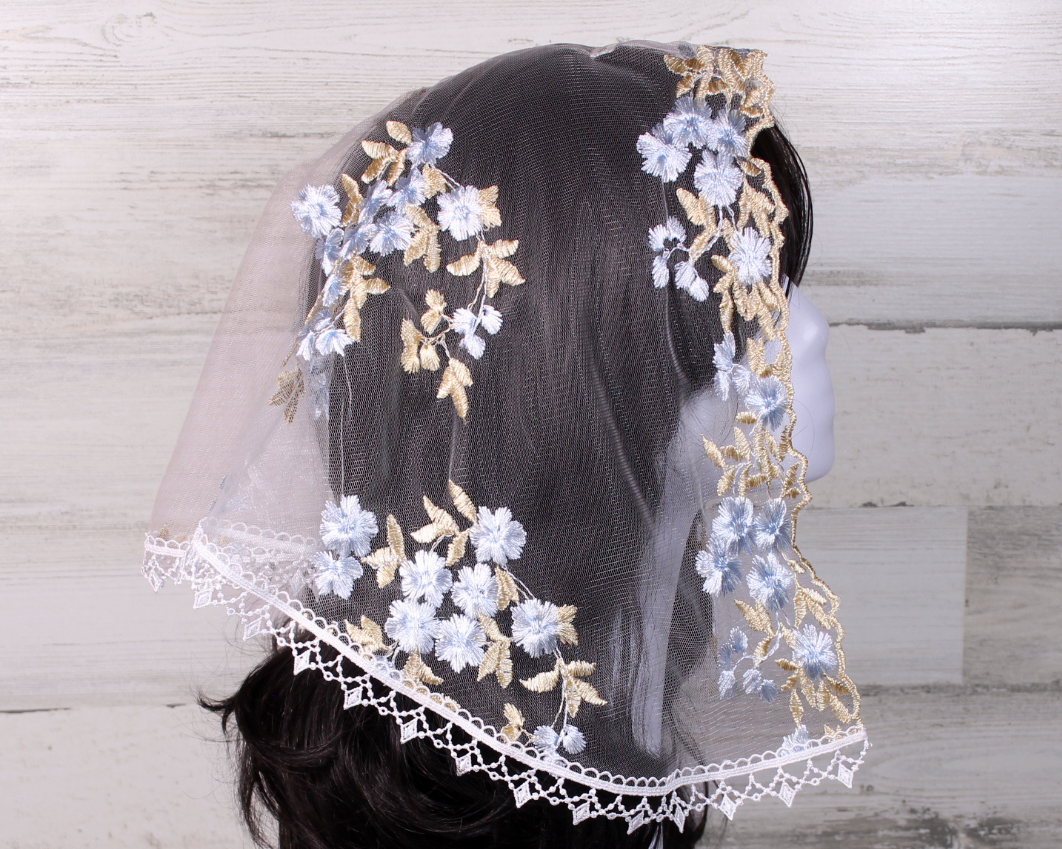 White Small D-Shaped Chapel Veil/Mantilla with Embroidered Blue and Gold Roses