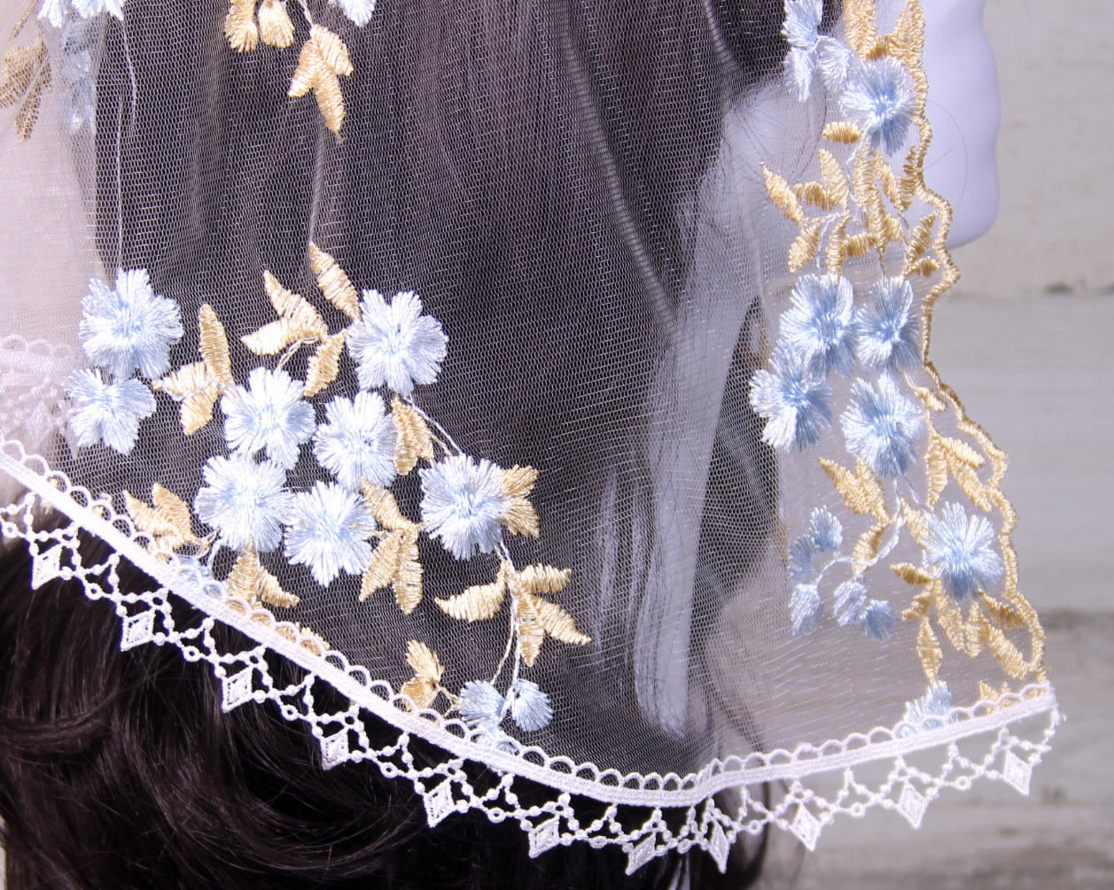 White Small D-Shaped Chapel Veil/Mantilla with Embroidered Blue and Gold Roses