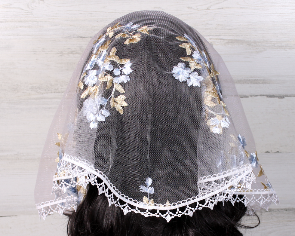White Small D-Shaped Chapel Veil/Mantilla with Embroidered Blue and Gold Roses