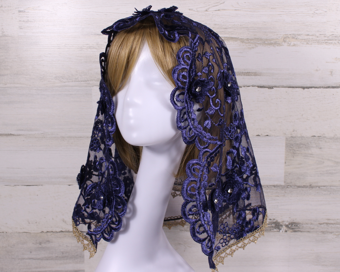 Navy Blue Floral Large D-Shaped Chapel Veil/Mantilla with Gems and Gold Trim