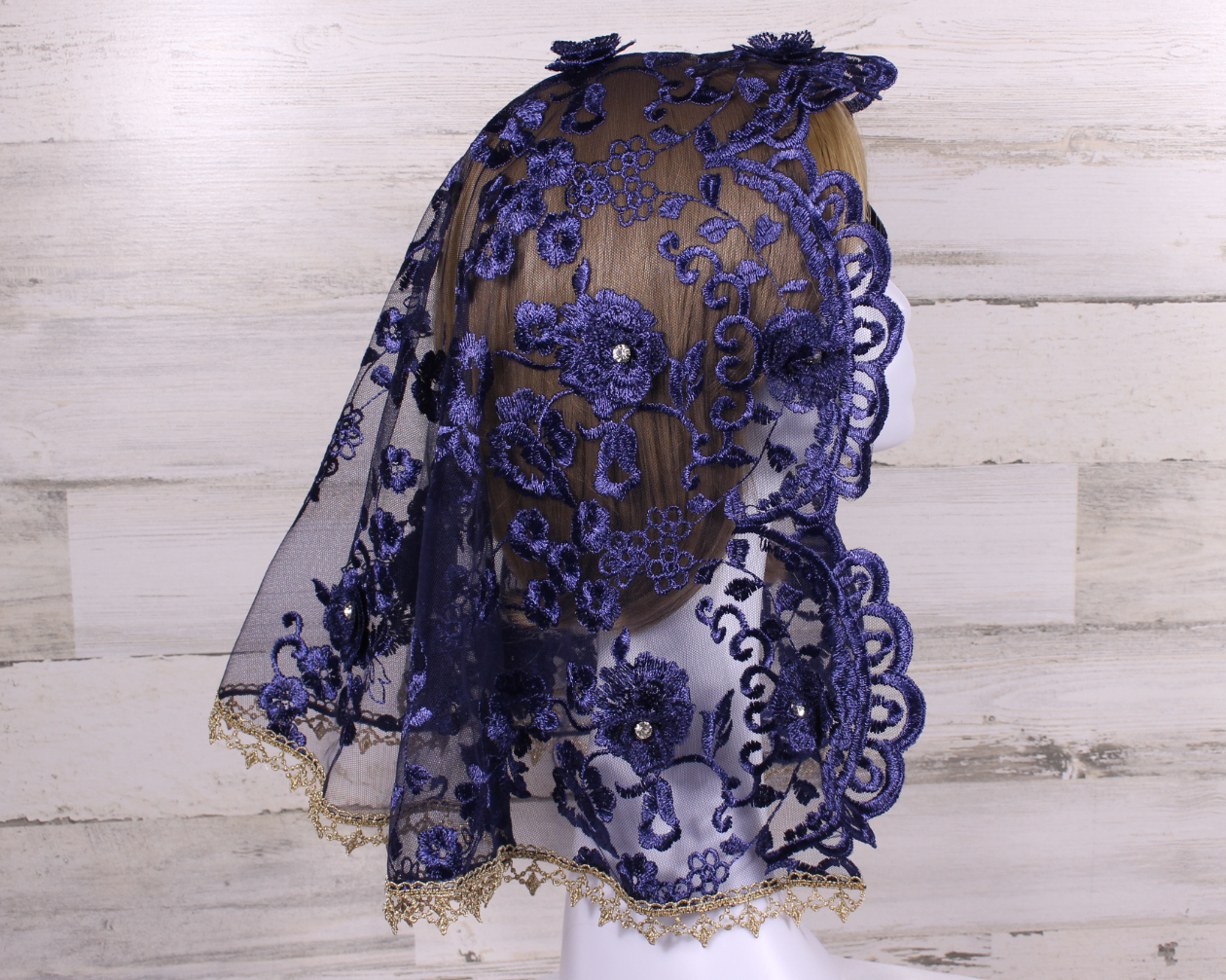 Navy Blue Floral Large D-Shaped Chapel Veil/Mantilla with Gems and Gold Trim