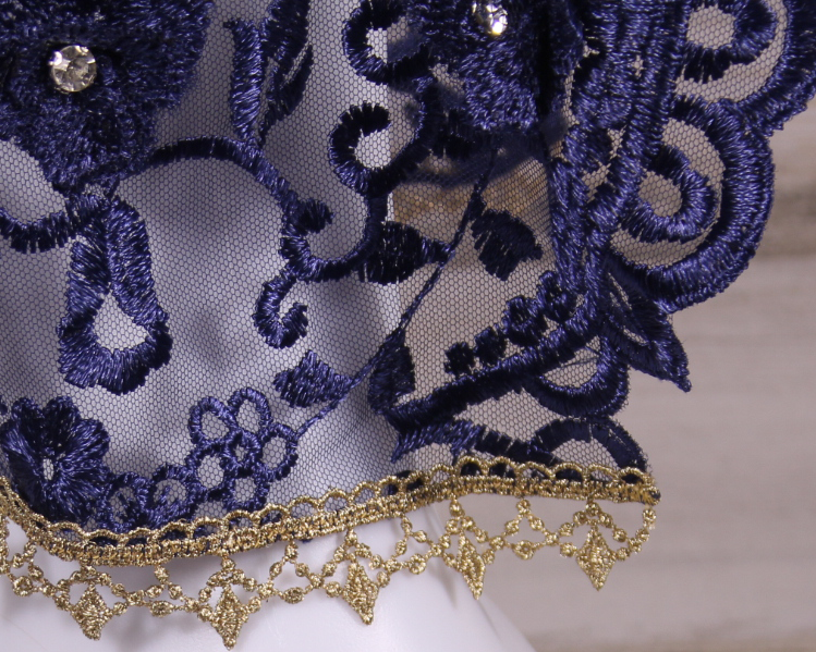 Navy Blue Floral Large D-Shaped Chapel Veil/Mantilla with Gems and Gold Trim