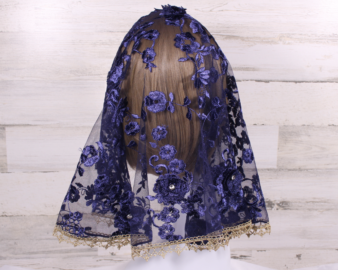 Navy Blue Floral Large D-Shaped Chapel Veil/Mantilla with Gems and Gold Trim