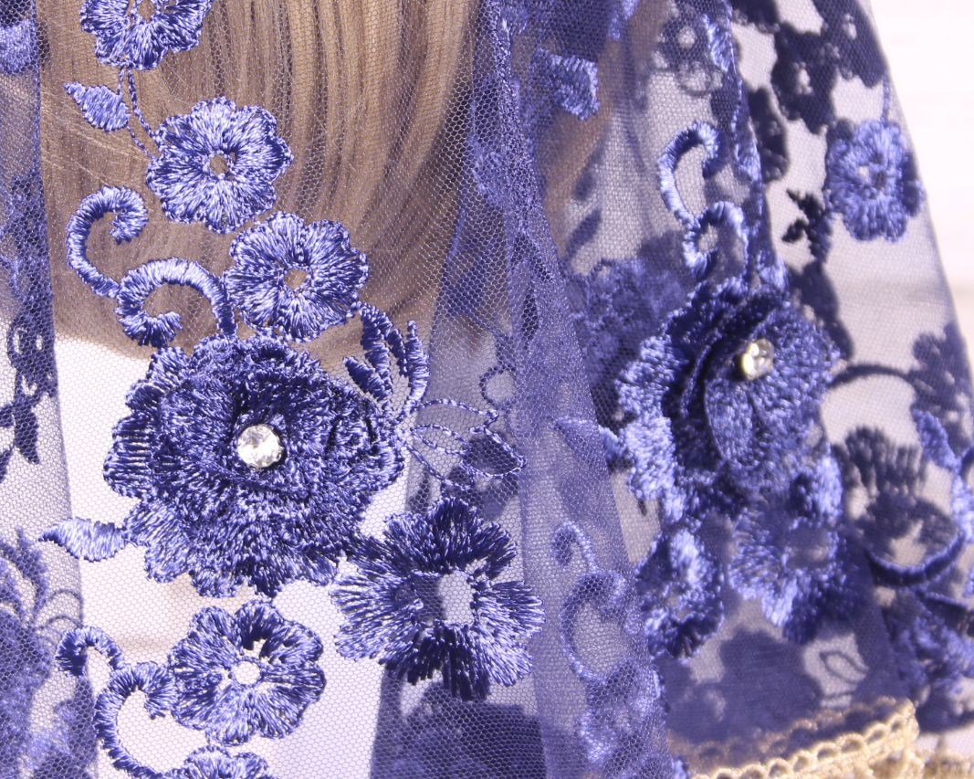 Navy Blue Floral Large D-Shaped Chapel Veil/Mantilla with Gems and Gold Trim