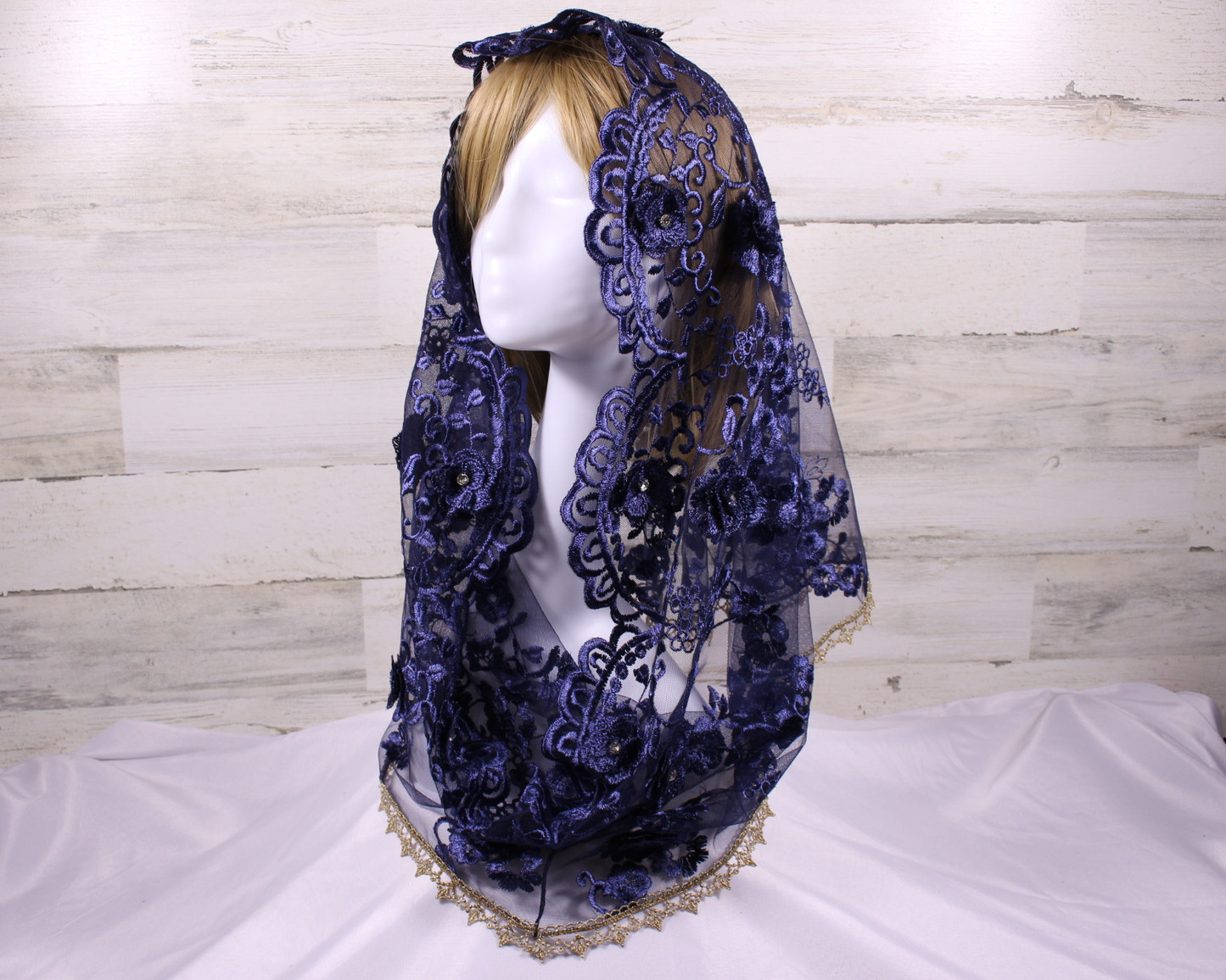 Navy Blue Floral Infinity Chapel Veil/Mantilla with Gems and Gold Trim