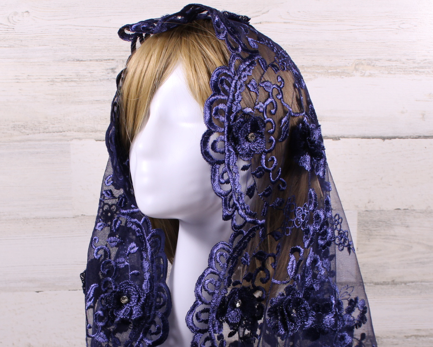 Navy Blue Floral Infinity Chapel Veil/Mantilla with Gems and Gold Trim