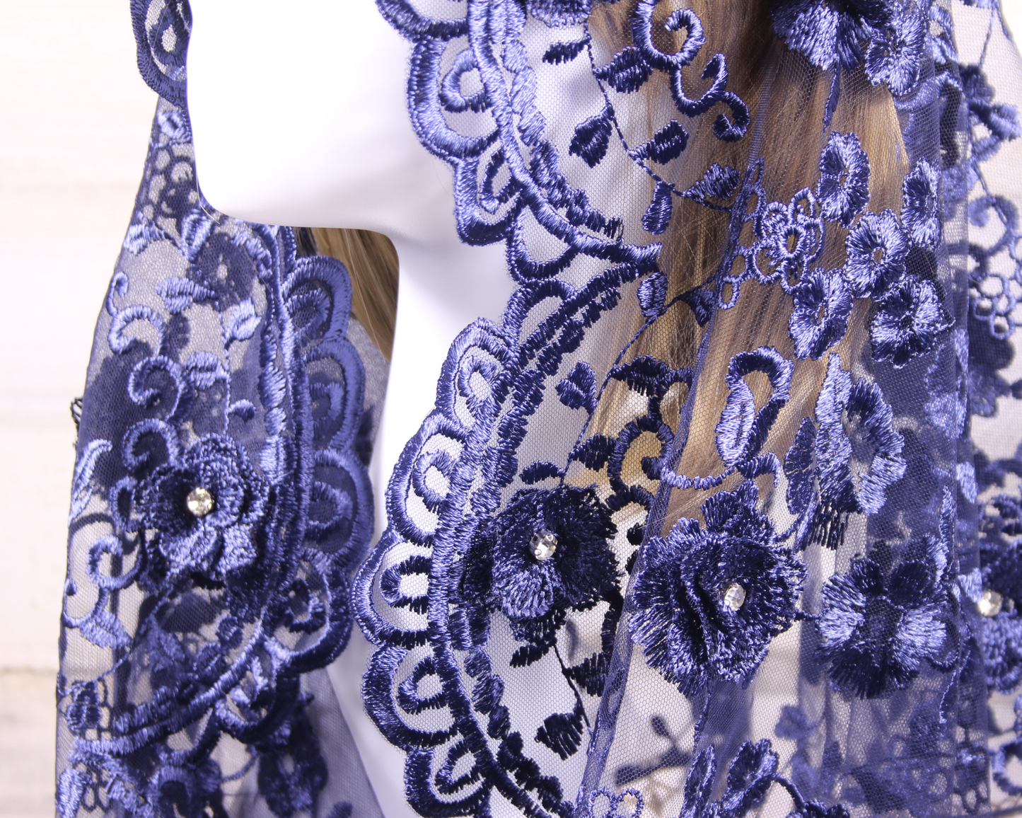 Navy Blue Floral Infinity Chapel Veil/Mantilla with Gems and Gold Trim