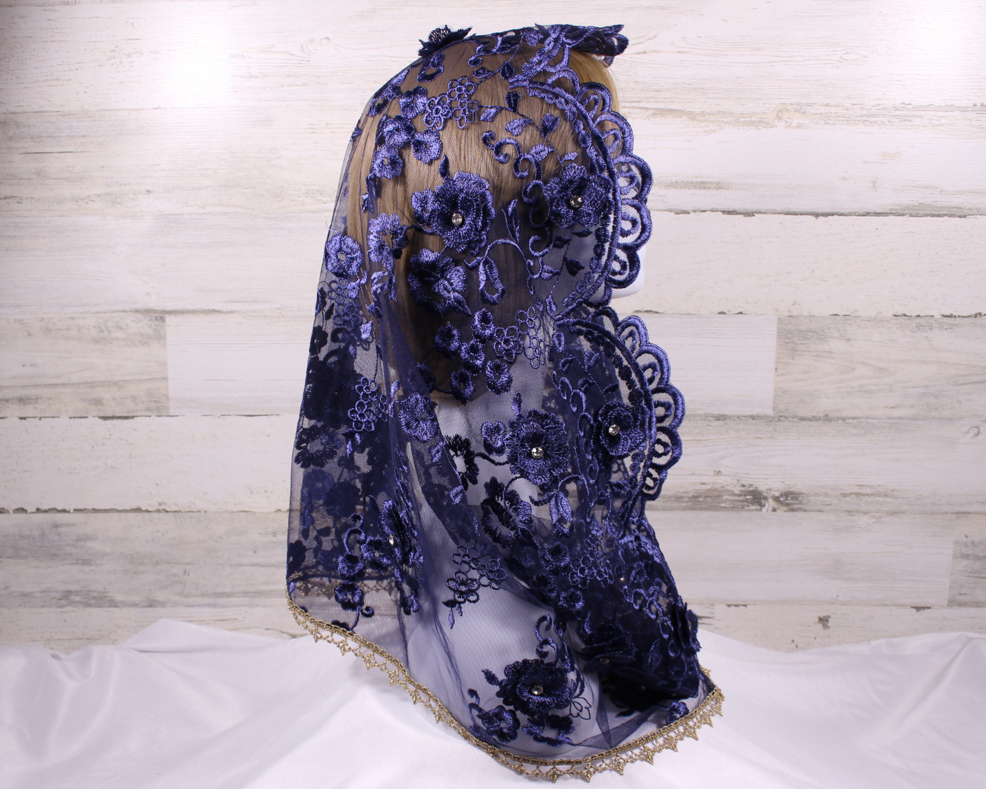 Navy Blue Floral Infinity Chapel Veil/Mantilla with Gems and Gold Trim