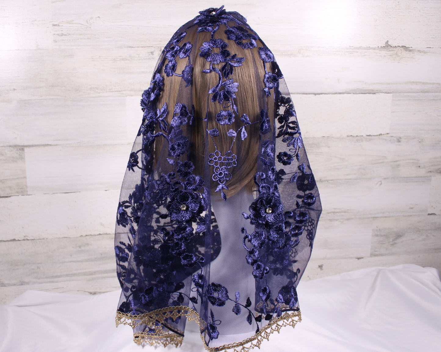 Navy Blue Floral Infinity Chapel Veil/Mantilla with Gems and Gold Trim