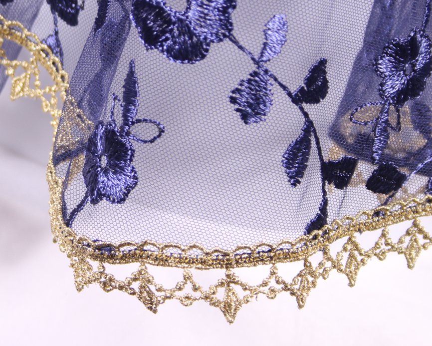 Navy Blue Floral Infinity Chapel Veil/Mantilla with Gems and Gold Trim