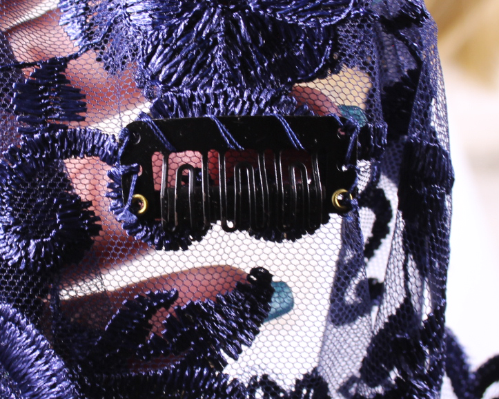 Navy Blue Floral Infinity Chapel Veil/Mantilla with Gems and Gold Trim