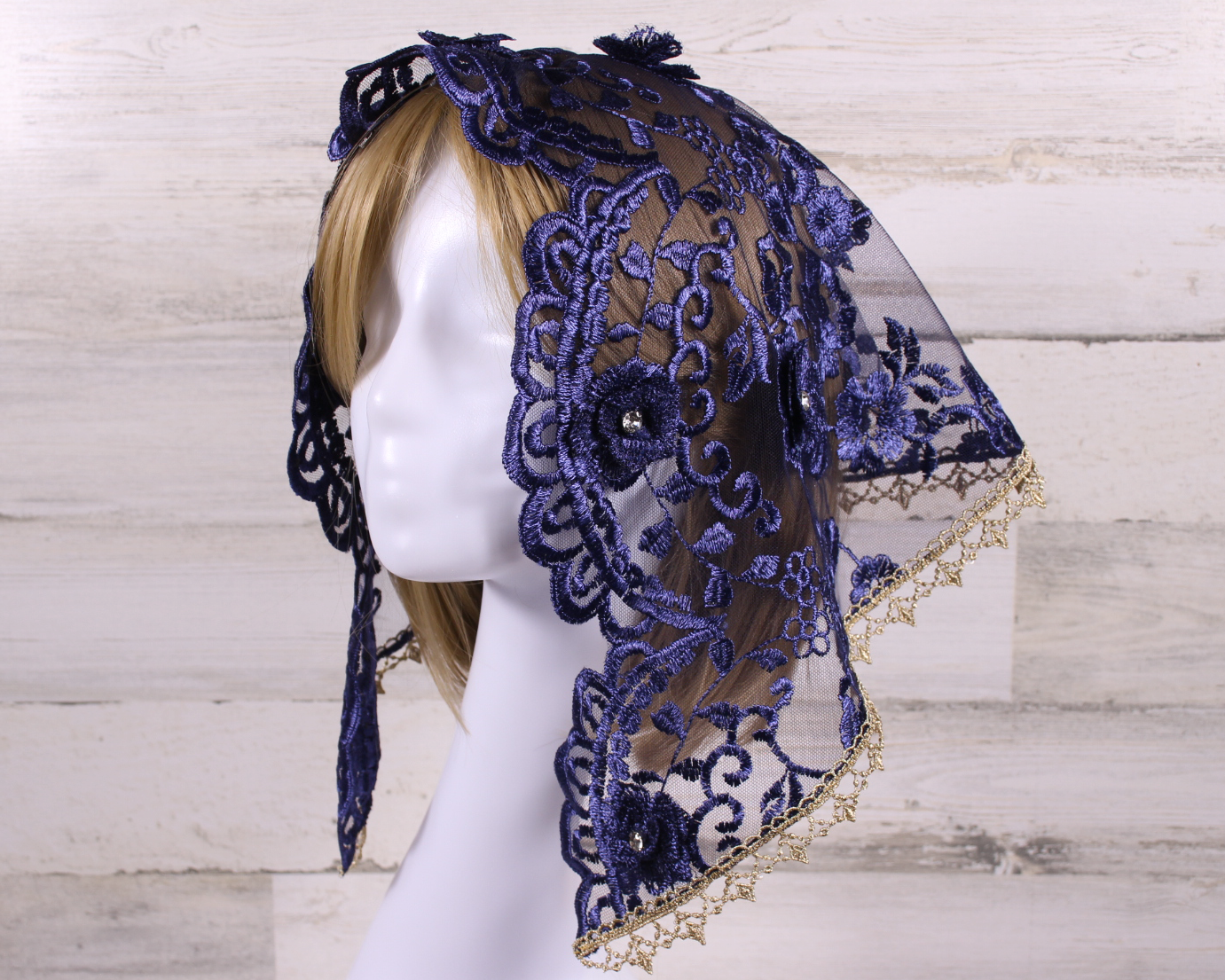 Navy Blue Floral Small D-Shaped Chapel Veil/Mantilla with Gems and Gold Trim
