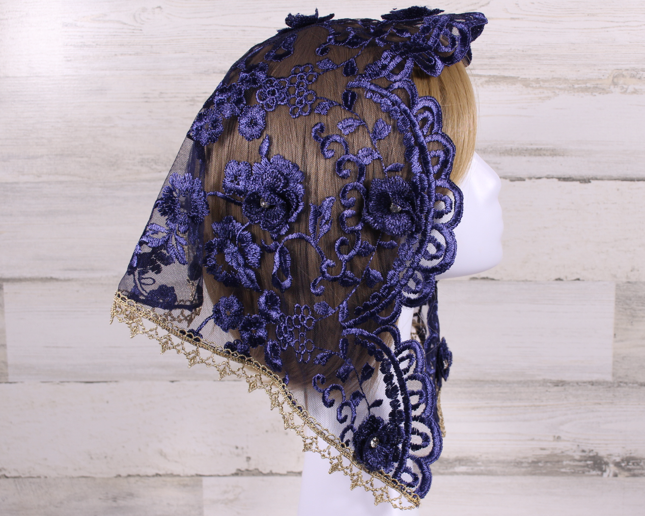 Navy Blue Floral Small D-Shaped Chapel Veil/Mantilla with Gems and Gold Trim