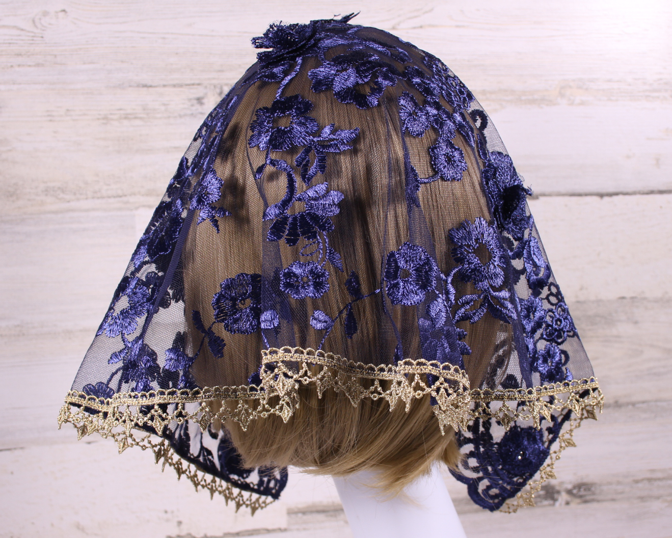 Navy Blue Floral Small D-Shaped Chapel Veil/Mantilla with Gems and Gold Trim